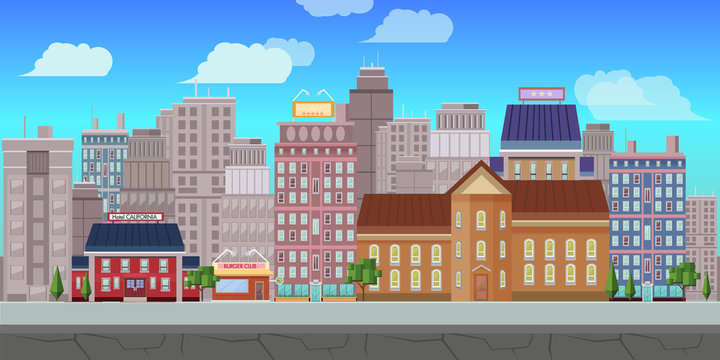 city game background 2d game application. Vector design. Tileable horizontally. Size 1024x512. Ready for parallax effect