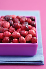 Fresh uncooked cranberries in a bowl on a napkin