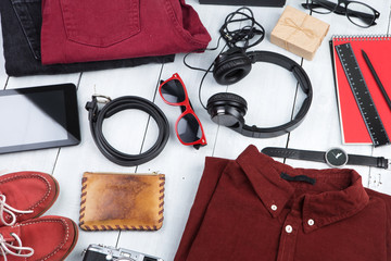 tablet pc, clothes, headphones, camera, shoes, watch and sunglas