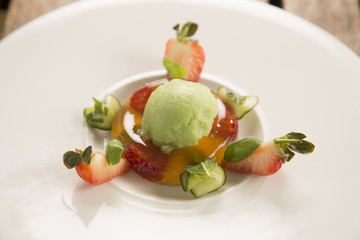 Pimms & Hendrick’s gin jelly with strawberries, cucumber & mint, cucumber sorbet 
