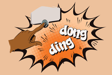 Stock illustration. Style of pop art and old comics. The hand pressed the doorbell