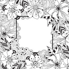 Flowers and leaves hand drawn zentangle style square vector frame. Doodle art decorative border.