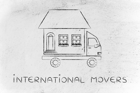moving company truck with house on top, international movers