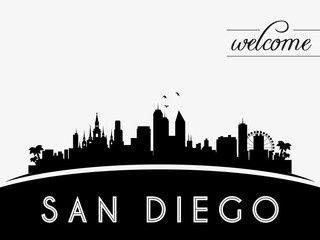 San Diego USA skyline silhouette, black and white design, vector illustration