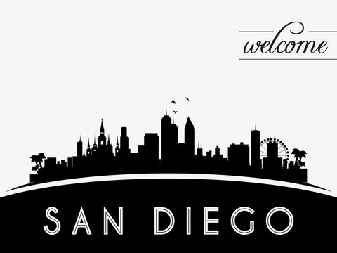 San Diego USA skyline silhouette, black and white design, vector illustration
