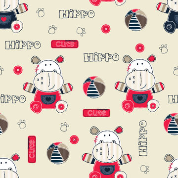Seamless pattern with cartoon hippo