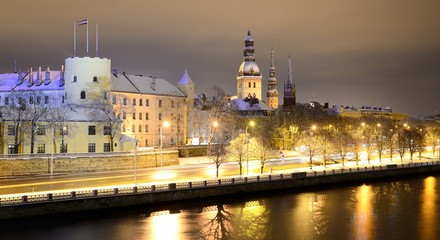night winter scene in Riga, Latvia