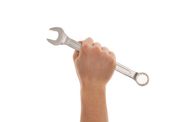 Mechanic male hand hold spanner tool in hand isolated on white.