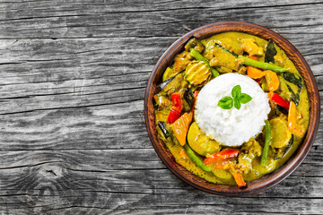 vegetarian curry with rice, coconut, ginger, soy sauce top view