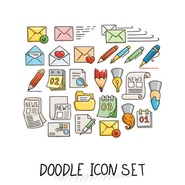 Set of Universal Doodle Icons. Bright Colors and Variety of Topics.