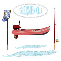 rubber boat. landing net and spinning near baubles, and hooks. vector illustration .
