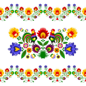 Polski folklor - rozbudowany wzór z kwiatami i kogutami © clivio1
