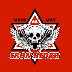Skull biker. Iron Rider. Print for T-shirts and apparel. Rock