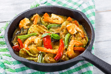  curry, prawns,  coconut, ginger and soy sauce top view