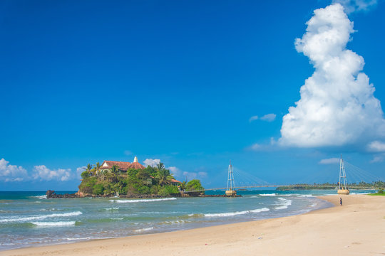 Matara island and Duwa Buddhist temple. Sri Lanka.