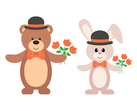 teddy and bunny with hat and flowe
