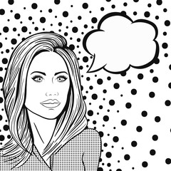 Vector pop art business woman smiling face with speech bubble outlined in comics style. Line art young woman thinking.