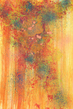Kleine Malerei mit Deckfarben abstrakt gelb rot mit Flecken