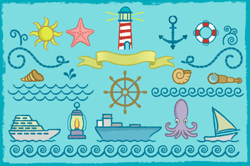 Nautical symbols with color. Set of symbols related topics sailors drawn with grunge strokes and colored.