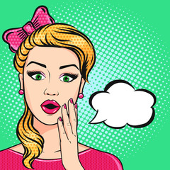 Shocked woman face with open mouth and thinking cloud for message in retro pop art comics style, halftone vector