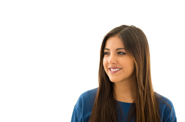 Headshot attractive brunette posing naturally with beauiful smile, white background