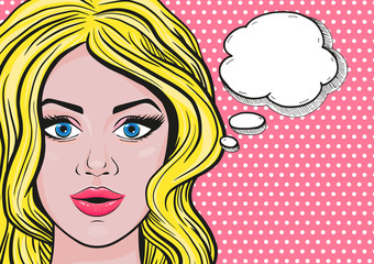 Vector pop art blonde woman smiling face with speech bubble for message in retro comic style on pink dotted background. Retro blonde girl.
