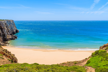 Beautiful bay and sandy beach of Praia do Beliche near Cabo Sao Vicente, Algarve region, Portugal