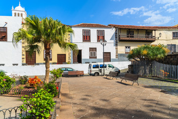 Square with tropical plants and typical Canary style buildings in Garachico old town, Tenerife, Canary Islands, Spain