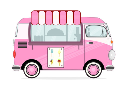 
Funny cartoon pink ice cream van on a white background. Flat vector