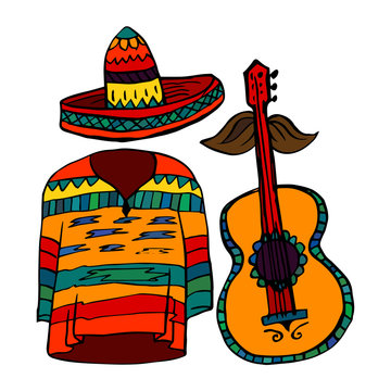 Isolated maxican symbols - poncho, sombrero and guitar