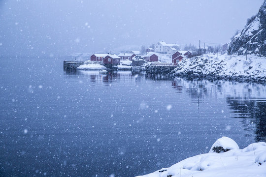 Heavy snowfall on the fishing village and the icy sea, Nusfjord, Lofoten Islands, Arctic