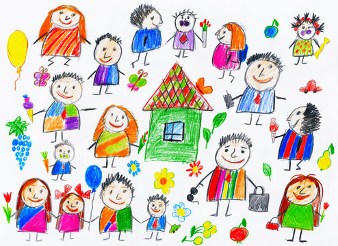cartoon people collection, child drawing object on paper, hand drawn art picture