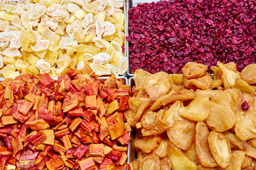 Healthy nutrition with dried fruits / Dried fruits on food market for healthy living