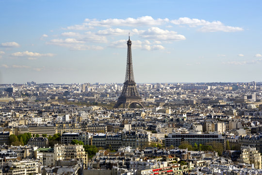 Elevated view over the city with the Eiffel Tower in the distance, Paris, France