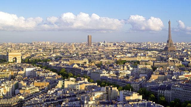 City, Arc de Triomphe and the Eiffel Tower, viewed over rooftops, Paris, France
