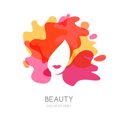 Vector logo, emblem design. Female face on abstract splash background. Beautiful woman with colorful hair. Concept for beauty salon, makeup, hairstyle, haircut, cosmetology.