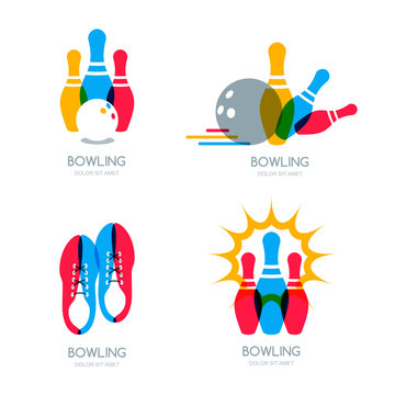 Set of vector colorful bowling logo, icons and symbol. Bowling ball, bowling pins and shoes illustration. Trendy design elements, isolated on white background. 