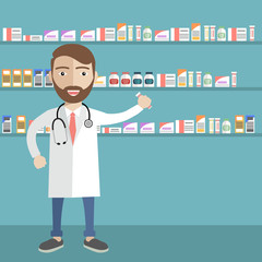 Modern flat vector illustration of a male pharmacist at the counter in a pharmacy opposite the shelves with medicines. Health care conceptual background