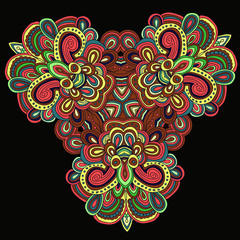 Round symmetrical pattern in green, red and brown colors. Mandala. Kaleidoscopic design. Sacred geometry.