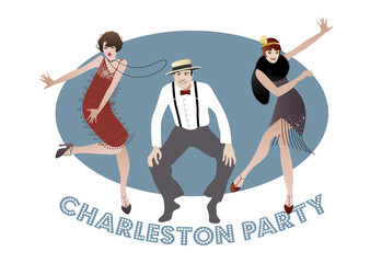 Fototapeta premium Impreza Charleston. Mężczyzna i śmieszne dziewczyny tańczą charlestona.