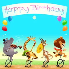 Zelfklevend Fotobehang Happy Birthday card with funny wild animals on unicycles © ddraw