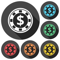 Casino chip icons set with long shadow