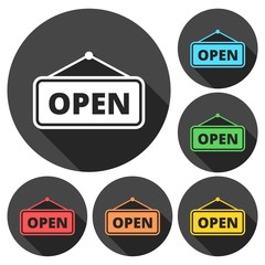 Open sign icons set with long shadow