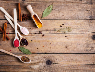 Spices on wooden background. With empty space for advertising text