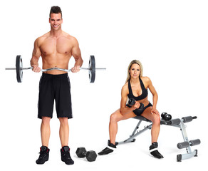 Strong man and woman with barbell.