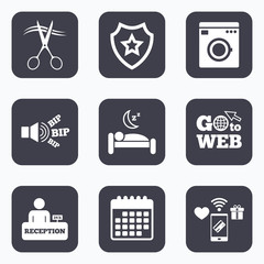 Hotel services icon. Washing machine, hairdresser.