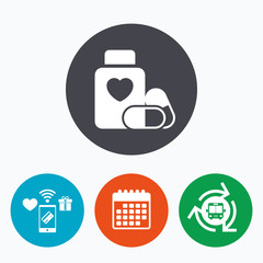 Medical heart pills bottle sign icon. Drugs.