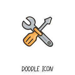 Doodle wrench and screwdriver icon. Working icon, equipment, technology, machinery.