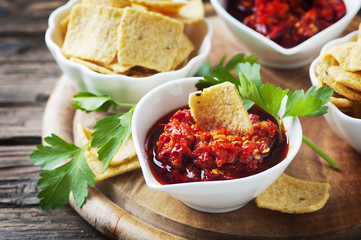 Mexican hot salsa with chili peppers