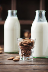 Vegan Almond milk on the wooden table
